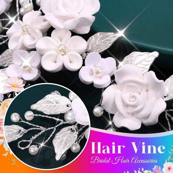 Flower Bride Wedding Hair Vine Pearl Bridal Hair Piece Leaf Hair Accessories Rhi - Picture 7 of 7